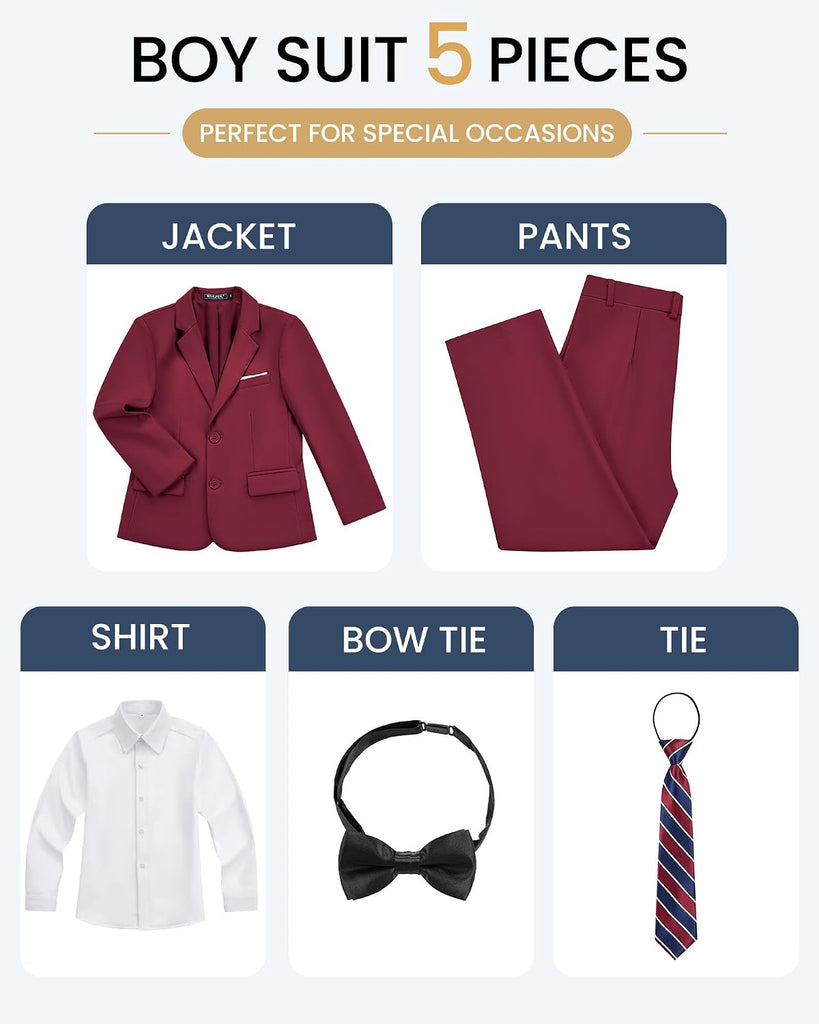 Boys' Formal Slim Fit Suit,5 Piece Suit Set,Jacket,Adjustable Waist Pants,Dress Shirt,Ties
