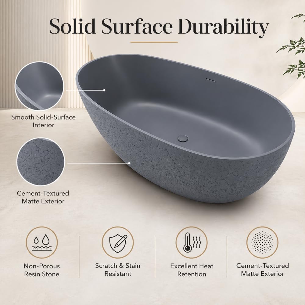67" Stone Resin Luxury Contemporary Solid Surface Freestanding Bathtub in Cement Point Treatment Oval Tub