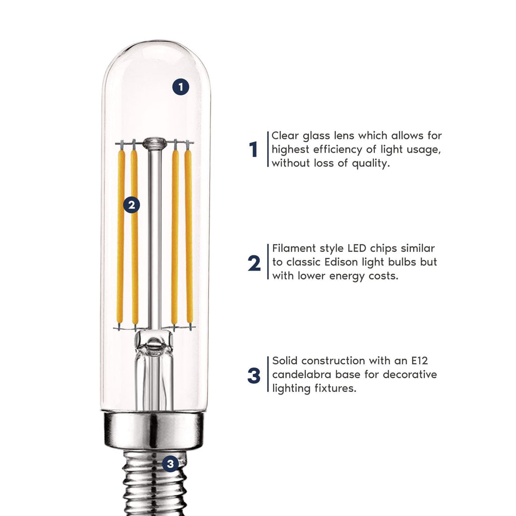Vintage Tubular LED Filament Bulb T6.5 E12 Candelabra Base, 5W (60W Equal), 500LM, Dimmable, Clear Glass (6 Pack)
