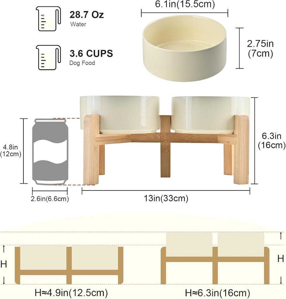 Elevated Dog Bowls Ceramic, 6.1'' Dogs and Cat Food Water Bowls Raised with Non-Slip Bamboo Stand for Medium Sized