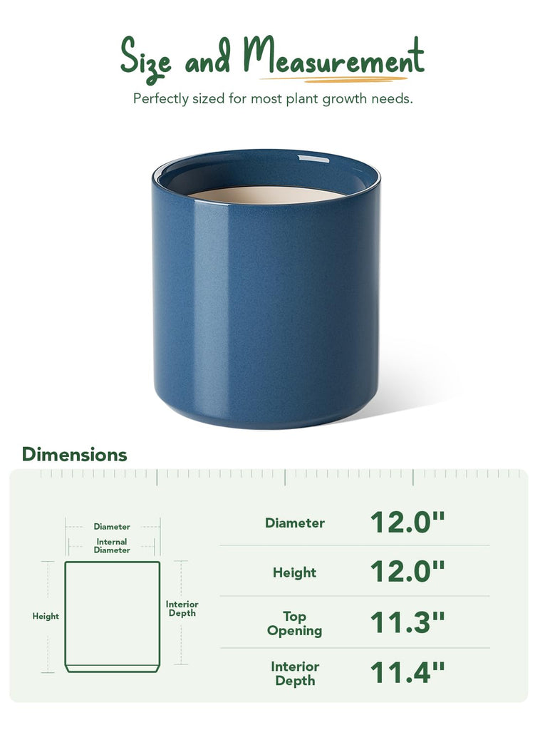12 Inch Pot for Plants, Ceramic Indoor Planter, Harbor Blue