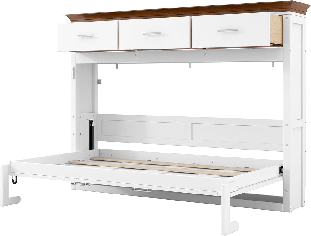 Twin Horizontal Murphy Bed with Storahe Drawers, Can be Folded into a Cabinet for Guest Room, Wood Foldable Wall Bed