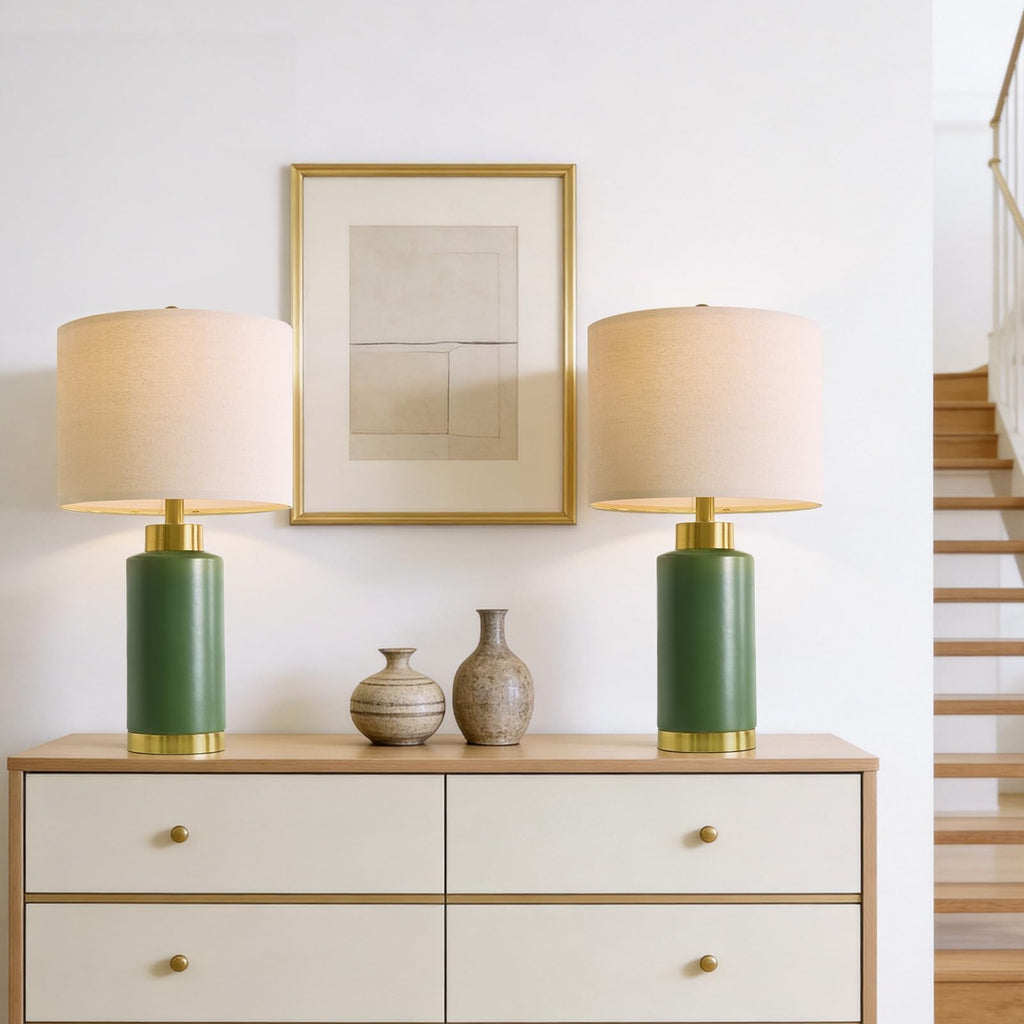25" Green Ceramic Table Lamp Set of 2, Modern Mid-Century Bedside Nightstand Lamps Living Room, Linen Shade & Gold