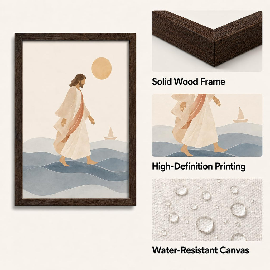 Framed Jesus Walking on Water Canvas Wall Art, Minimalist Christian Faith Wall Decor, Neutral Biblical Ocean Print