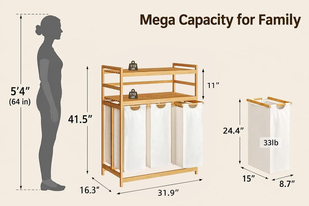 Bamboo 150L Laundry Hamper with 2 Tiers Shelf, Laundry Room Organization