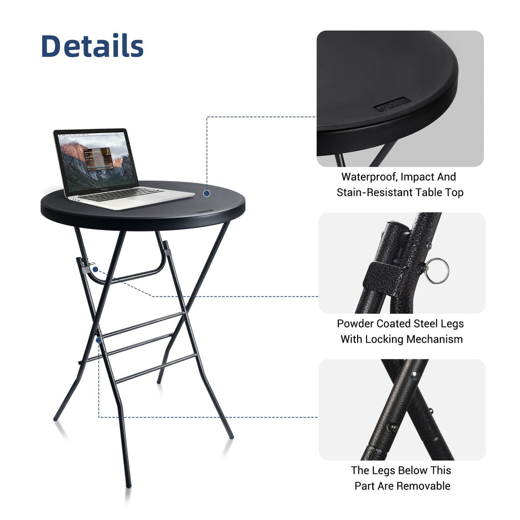 28in Folding Cocktail Table, Round Bar Height Table, Black 2-Pack