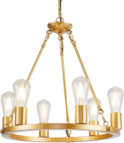 6 Lights Gold Wagon Wheel Chandelier, Modern Golden Pendant Lights Fixtures for Living Room, Bedroom, Entryway, Foyer, Haning Light with 18.1", E26 Bulbs A105-B0D78CKLVQ