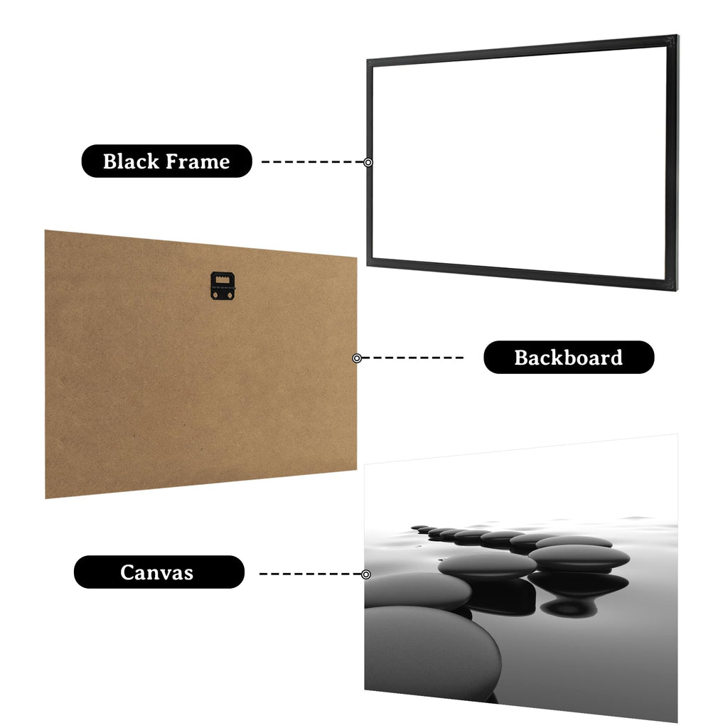 3pcs Black and White Zen Wall Art Stones in Water Canvas Prints with Black Frame Yoga Meditation Spa Living Room