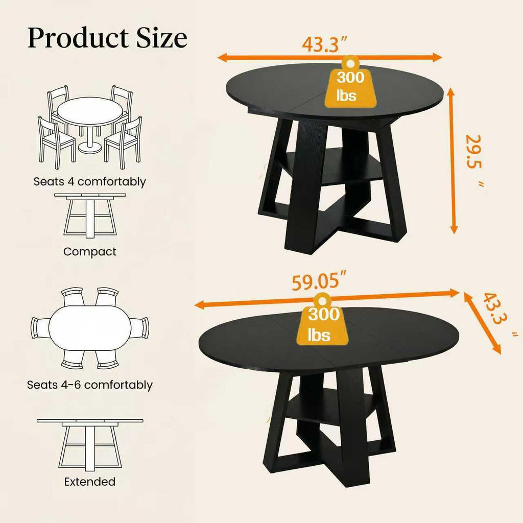 Black Extendable Round Dining Table for 4-6, 43.3"-59" Round to Oval Kitchen Table with Storage Shelf, Modern
