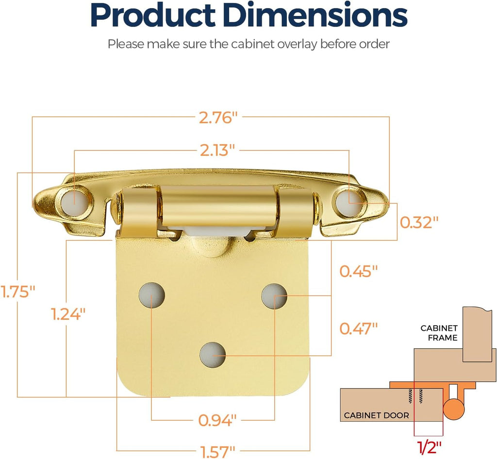 50 Pack (25 Pairs) 1/2" Overlay Cabinet Hinges, Self-Closing Semi-Concealed Face Mount, Satin Brass Decorative Hardware