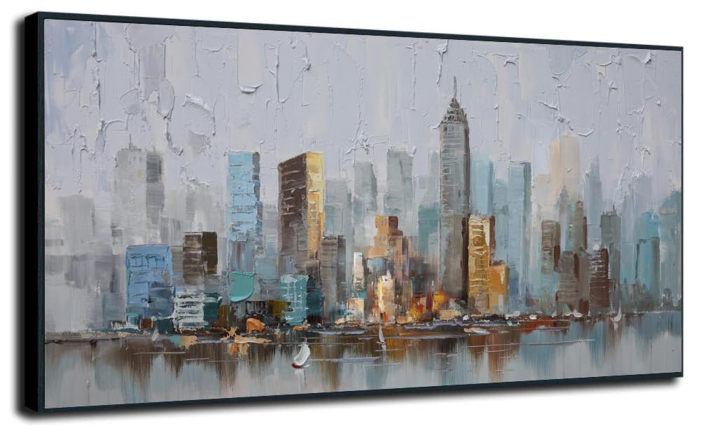 NYC City Canvas Wall, New York City Painting Abstract Modern Skyline Grey Picture Large Size Artwork Hallway Home