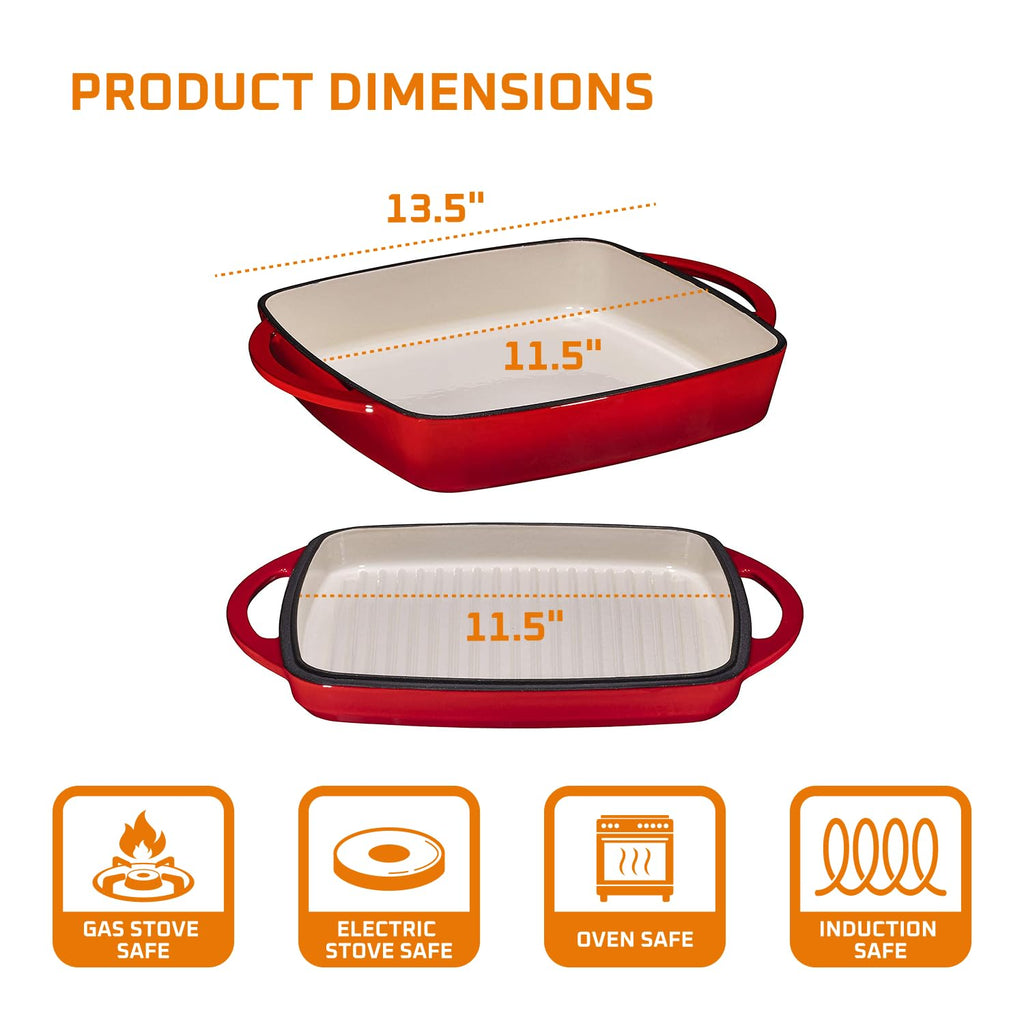 2-in-1 Square Dutch Oven Casserole Dish with Lid, Dual Handles and Grill Pan for Baking, Braising and Grilling