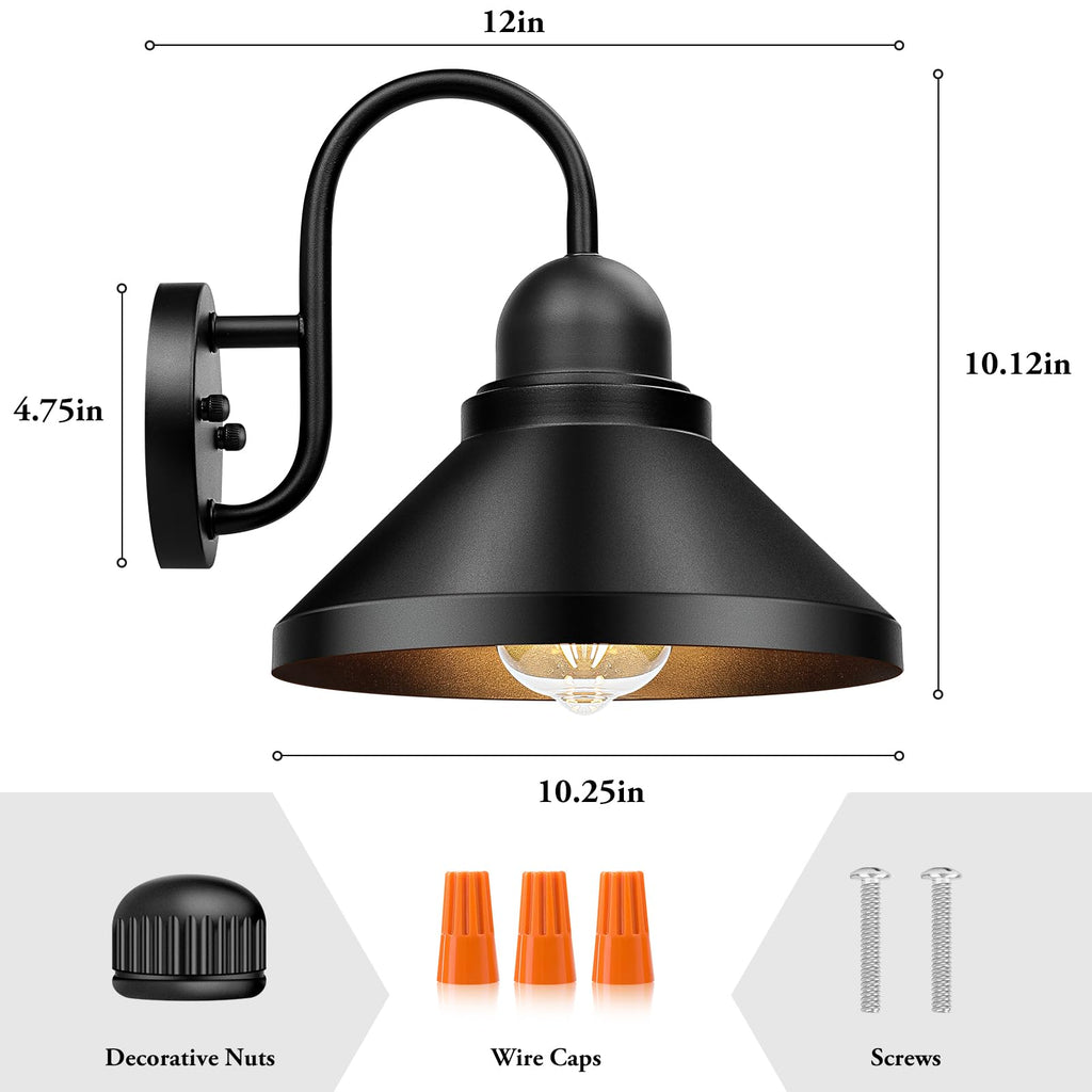 Gooseneck Outdoor Wall Sconces, 2-Pack Large 10.23IN Farmhouse Barn Lights for Porch, Industrial Black Exterior Wall