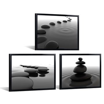 3pcs Black and White Zen Wall Art Stones in Water Canvas Prints with Black Frame Yoga Meditation Spa Living Room