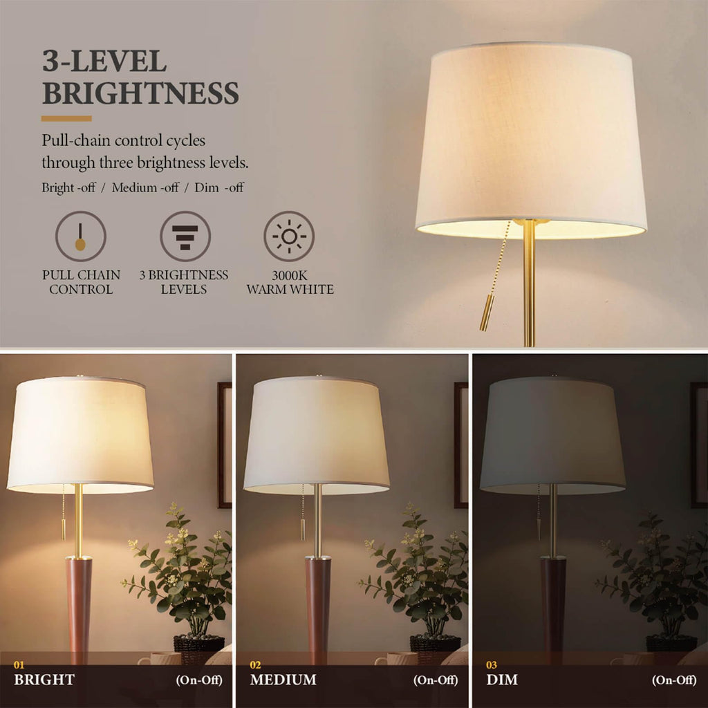 62" Mid Century Modern Floor Lamp, 3 Brightness Levels, Solid Wood