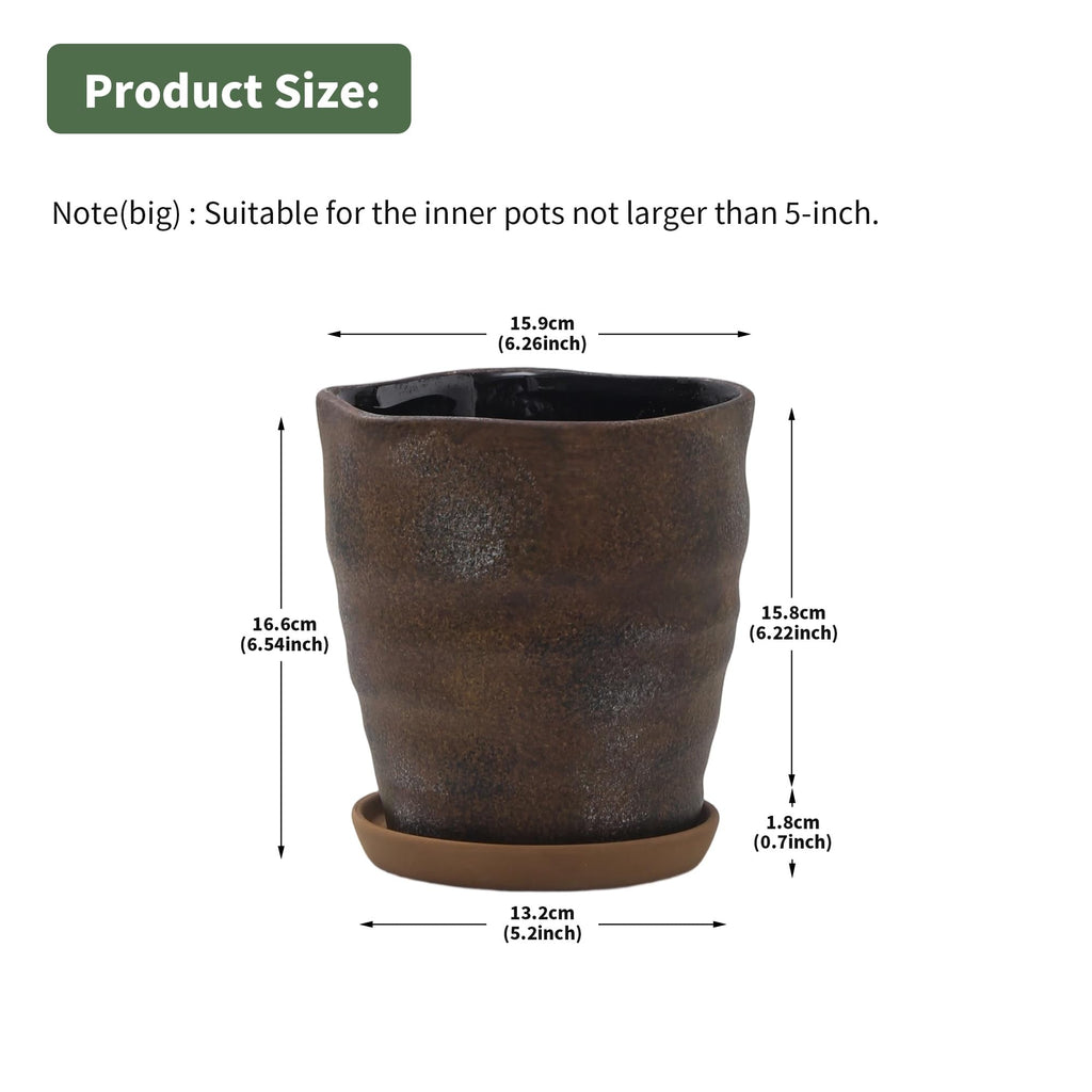 6 Inch Ceramic Planter Set of 2 with Drainage Hole and Saucer for Plants, Indoor-Outdoor Large Irregular Succulent