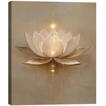 Framed Minimalist Gold Drip Lotus Canvas Wall Art, Soft Beige Floral Zen Canvas Prints Pictures, tranquil wall decor