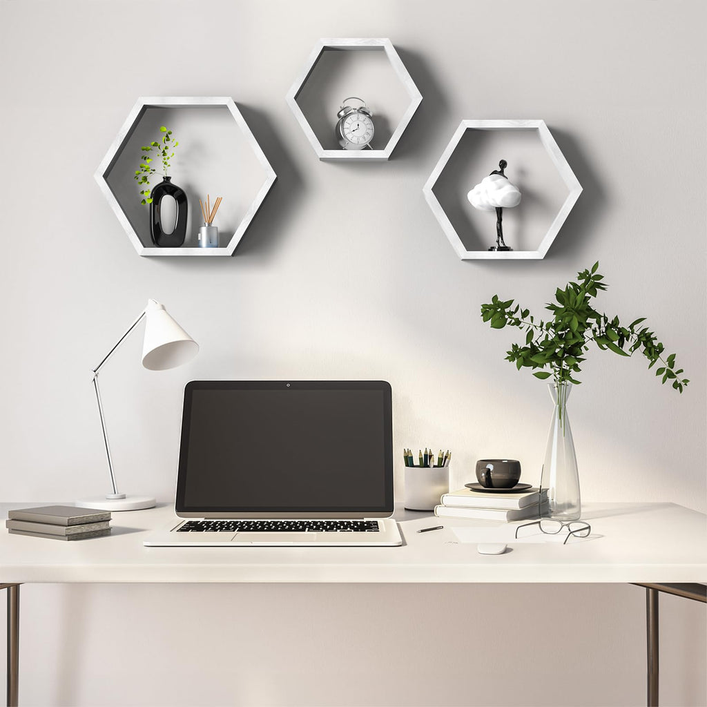 Hexagon Floating Shelves Set of 3, White Wooden Hexagon Shelves for Wall Decor, Modern Honeycomb Floating Hanging