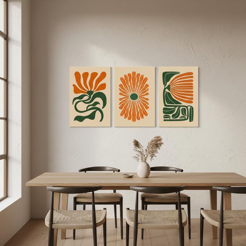 3 Pcs Mid Century Floral Canvas Wall Art, Boho Flower Wall Decor