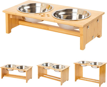 Raised Pet Bowls for Cats and Small Dogs, Bamboo Elevated Dog Cat Food and Water Bowls Stand Feeder with 2 Stainless