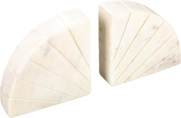 Modern Arched Semicircle Marble Bookends with Carved Detail, Set of 2, White