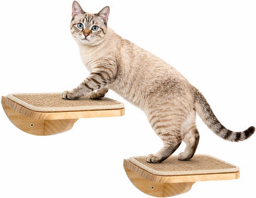 2 Set Wooden Cat Wall Shelves with Sisal Mat, Cat Wall Furniture Steps