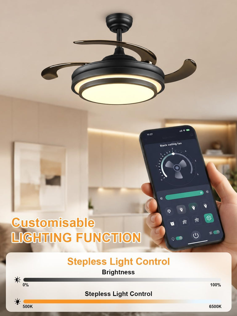 42 Inch Black Modern Ceiling Fan with Lights and APP Control,Retractable Fandelier Celing Fan with Light, 6