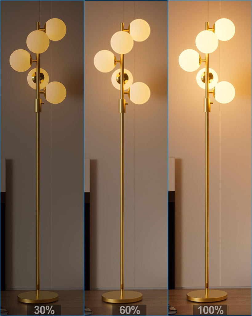 Dimmable Gold Globe Floor Lamp, 64IN Tall Standing Lamps with 5 Globe Warm White 3000K Bulbs, Mid Century Modern