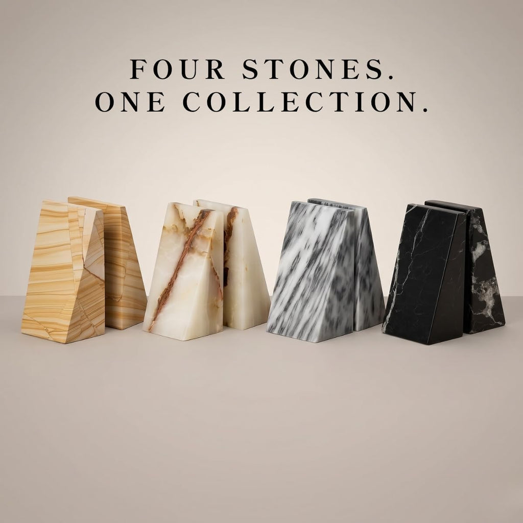 White Triangular Onyx Marble Bookends - Heavy-Duty Wedge Design, Modern Office and Bookshelf Organizer