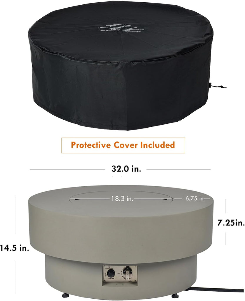 Propane Outdoor Fire Pit Table, Flint & Concrete Look 32-inch Round Patio Propane Fire Table 50,000 BTU w/Lid, Glass Rocks, Cover, Pre-Attached 10ft - Image 2