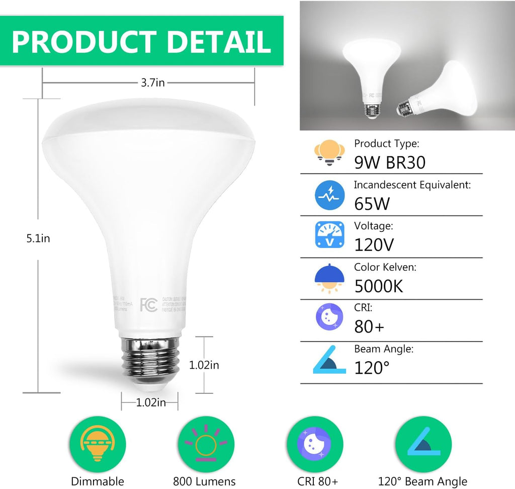BR30 LED Light Bulbs Indoor Flood Light, 5000K Daylight White LED Bulb 65W Equivalent, Dimmable, E26 Base, 800LM