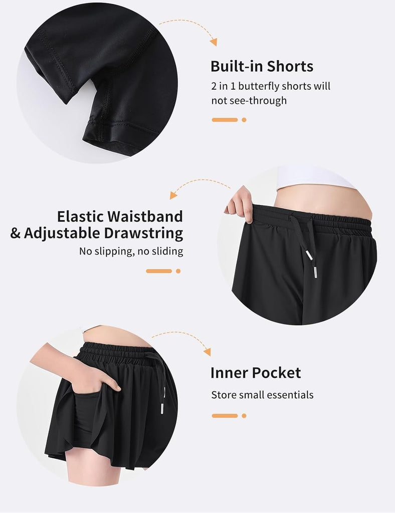 Butterfly Shorts Girls 2 in 1 Flowy Shorts with Pocket Athletic Skorts for Girls Running Tennis Skirts