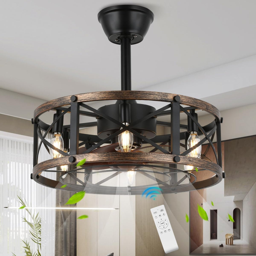 19" Farmhouse Fandelier Ceiling Fan with Light, Caged Bladeless Ceiling Fans with Lights and Remote, Modern Small Enclosed Ceiling Fans with Lights for Living Room, Bedroom, Black A101-B0CD3WXJ43