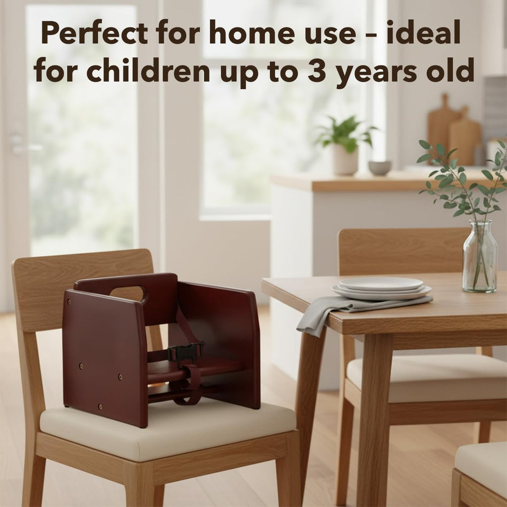 Unassembled Wooden Booster Seat with Mahogany Finish - Rubberwood Construction, 3-Point Harness, Chair Strap