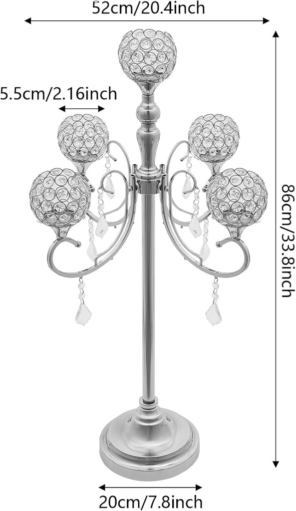 5 Arm Crystal Candelabra Centerpieces, 2 Pack 33.8 Inch Tall Candle Holder, Freestanding Table Candelabra Stand with