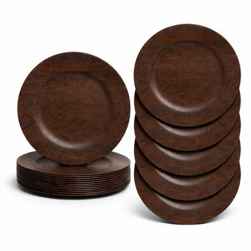20PCS 13in Charger Plates Bulk- Faux Wood Chargers for Dinner Plates- Brown Round Plastic Plate Chargers- Farmhouse