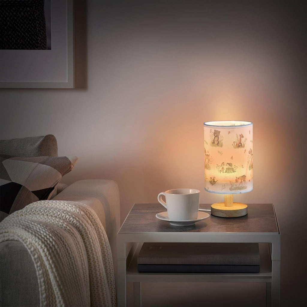 Bedside Table Lamp Woodland Animals Nightstand Lamp with Wood Forest Fox Deer Rabbit Bird Bear Mushroom Desk Lamps