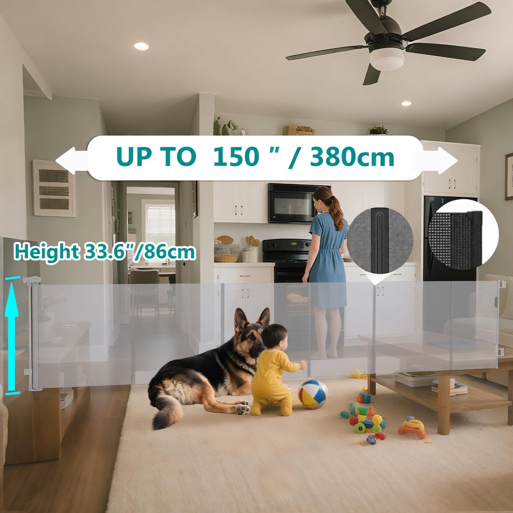 150 Inch Extra Wide Retractable Baby Gate,Mesh Baby Gate or Mesh Dog Gate,34" Tall,Child Safety Gate for Doorways