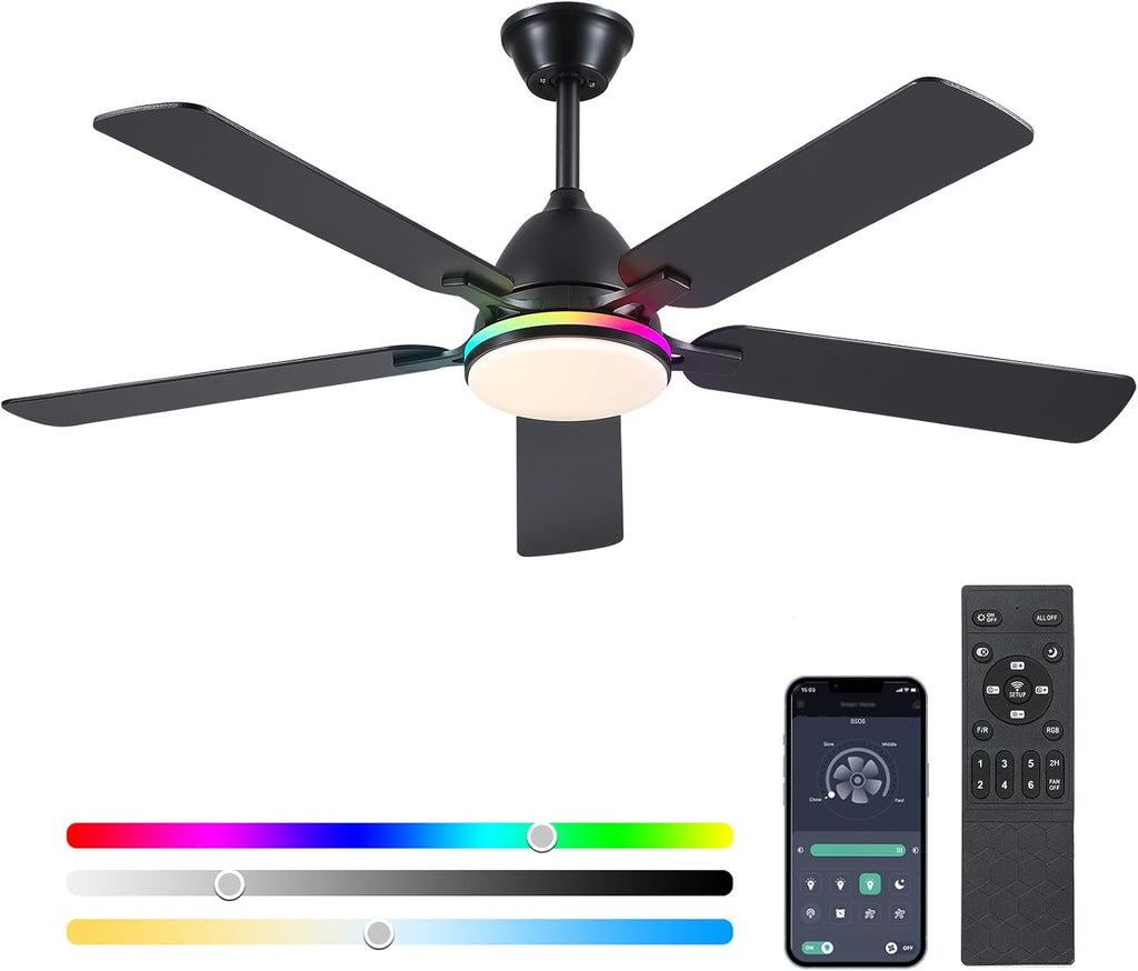 Ceiling Fans with Lights, 52 Inch Low Profile Ceiling Fan with Light and Remote Control,Reversible, RGB_3CCT, Dimmable, Quiet, Black Ceiling Fan for Bedroom Indoor/Outdoor Use A101-B0DTDB527S