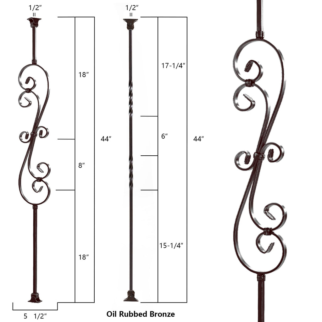 Antique Bronze Stair Balusters 1/2inch x 44inch, Oil Rubbed Bronze Skinny Scroll 3pk &Double Twist 6pk with Swivel