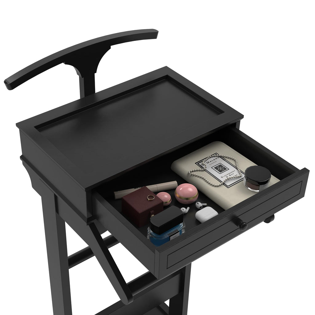 Mens Valet Stand with Drawer, Wooden Valet Stand for Men, Black