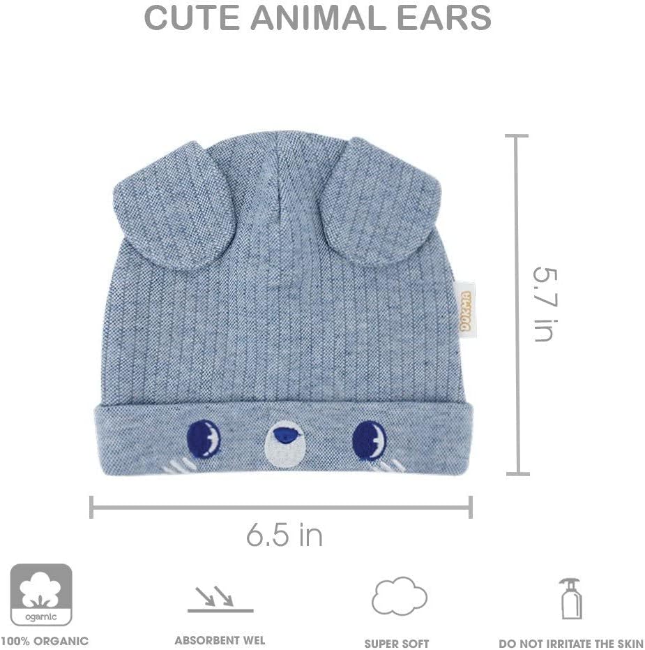 Organic Cotton Toddler Hat Set 3 Cute Animal Ears Design, Beanies for Baby Boys and Girls 0-6 Months Light Gray & Blue