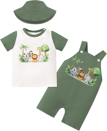 Baby Boy Jungle Safari Outfit, Baby Boys Tee + Shortall Set with Hat