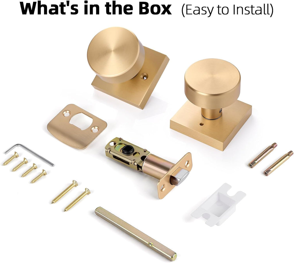Satin Brass Door Knob Interior Privacy Door Knobs with Lock, Brushed Brass Door Knobs Modern Square Gold Door Handles