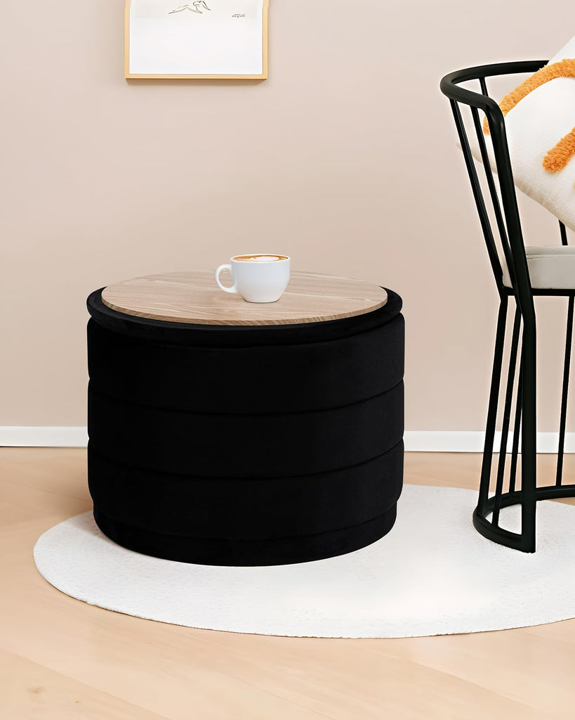 22.8" Round Velvet Storage Ottoman with Tray, Black