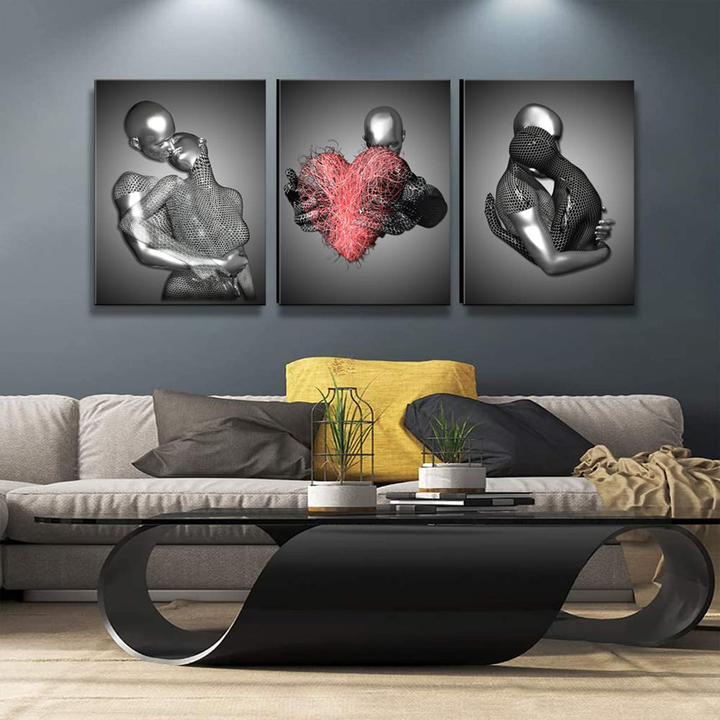 Framed 3 Pcs Love Heart 3d Wall Art Metal Sculpture Romantic Couple Abstract Art Prints Posters Decor Grey Black and