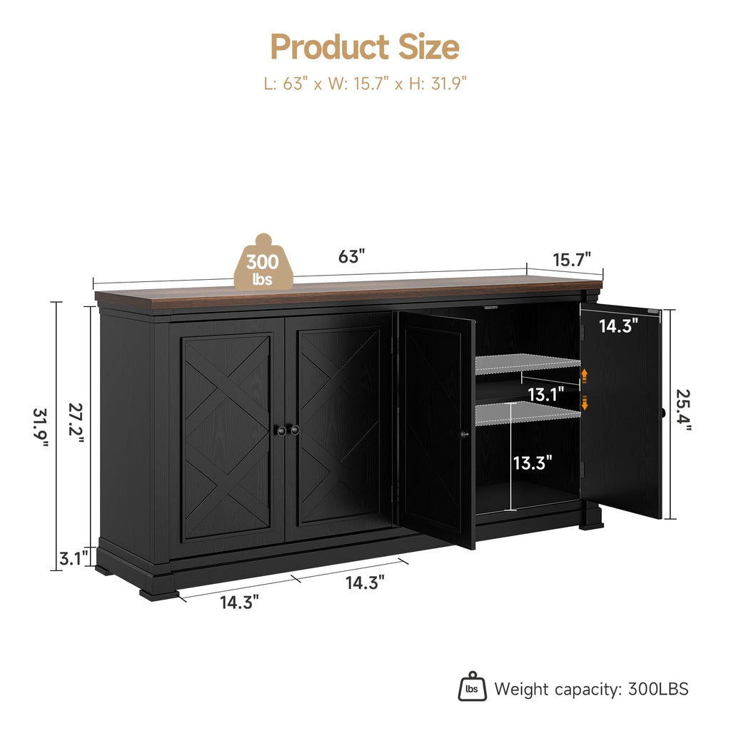 63 Inch Buffet Cabinet with Storage, 4 Barn Doors, Black
