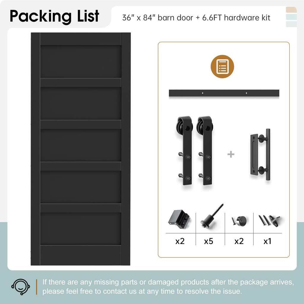 36x84 Inch Black Sliding Barn Door Slab with 6.6ft Hardware Kit Included, 5-Panel, Wooden Panel Covered with