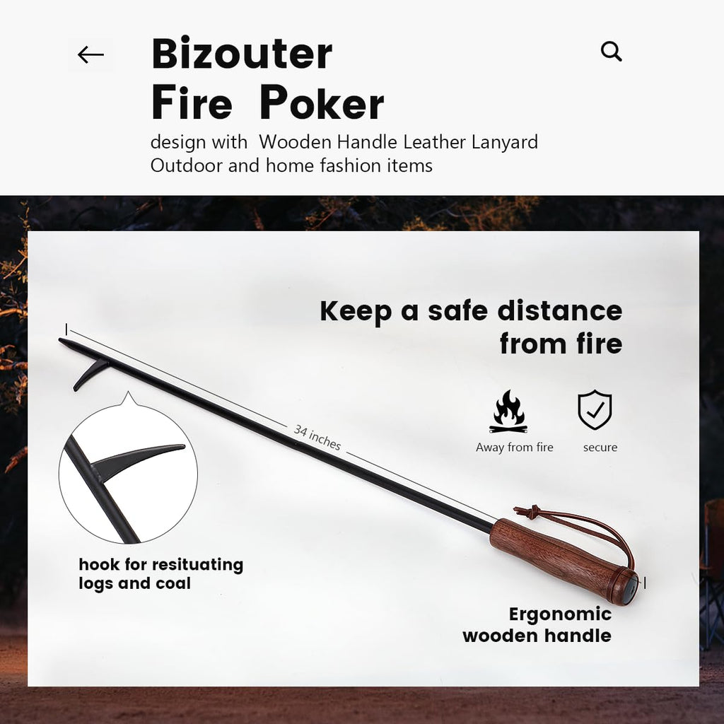 2-in-1 34inch Foldable Fire Poker for Fire Pit & Blow Stick, Wooden Handle