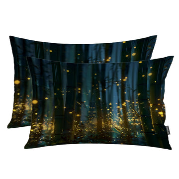 Moonlight Fireflies Bamboo-Print Pillowcases, in Jade Reeds Forest At Night Lumbar Pillow Cover with Hidden Zipper